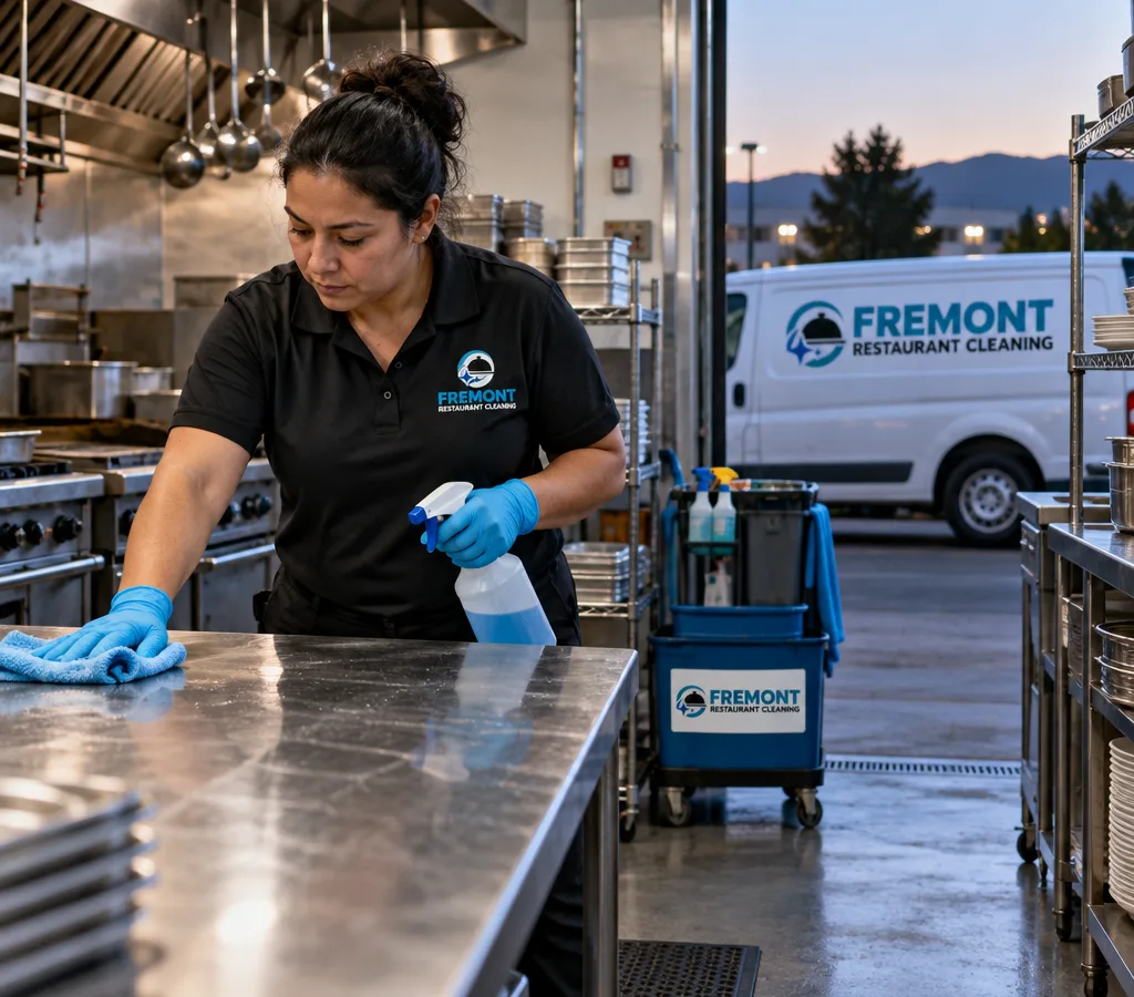 Professional cleaner sanitizing a stainless prep table in a Fremont restaurant kitchen after close