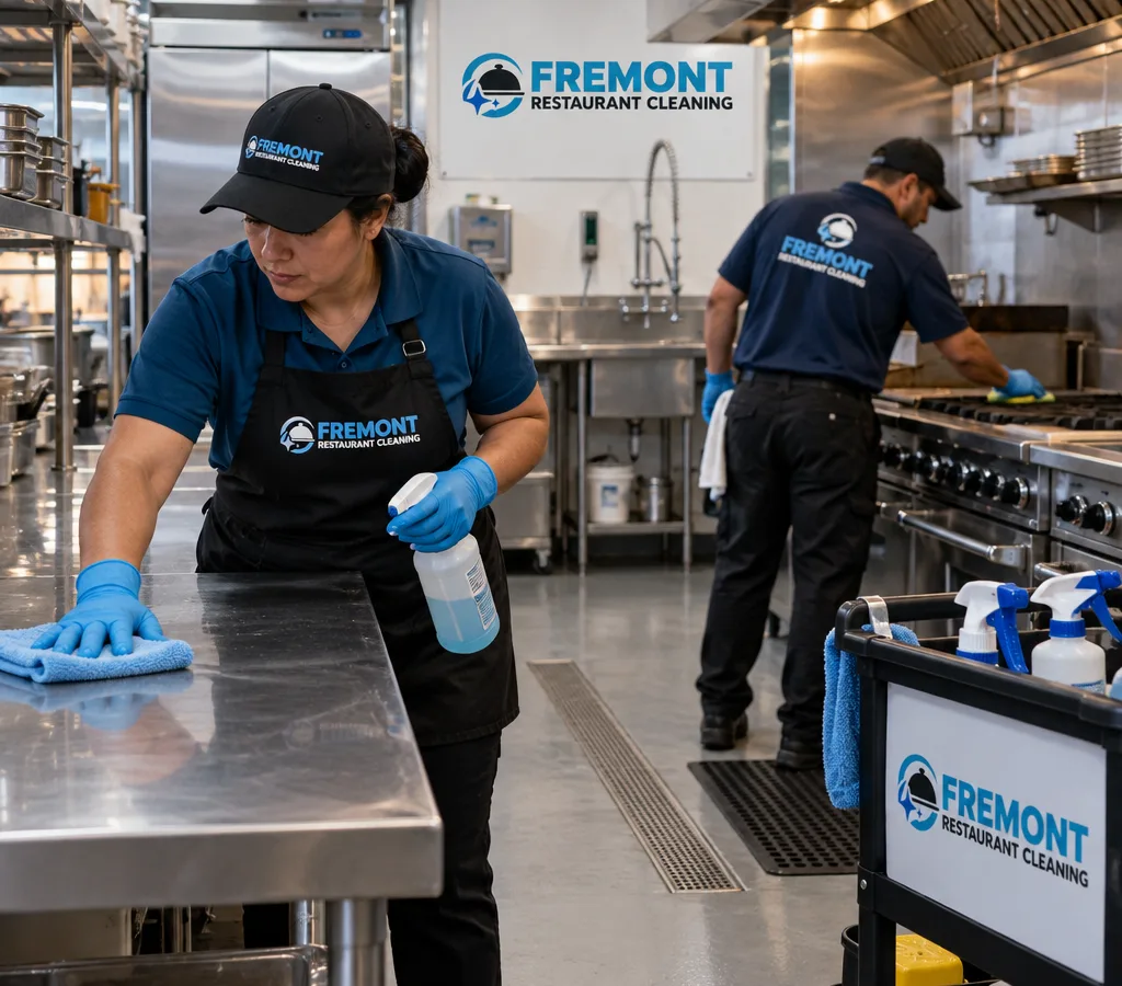 Professional cleaners in PPE wiping stainless prep tables and detailing a commercial range line after hours