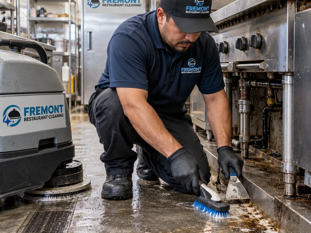 Cleaner removing grease along the edge of a commercial cookline with a floor scrubber and hand tools