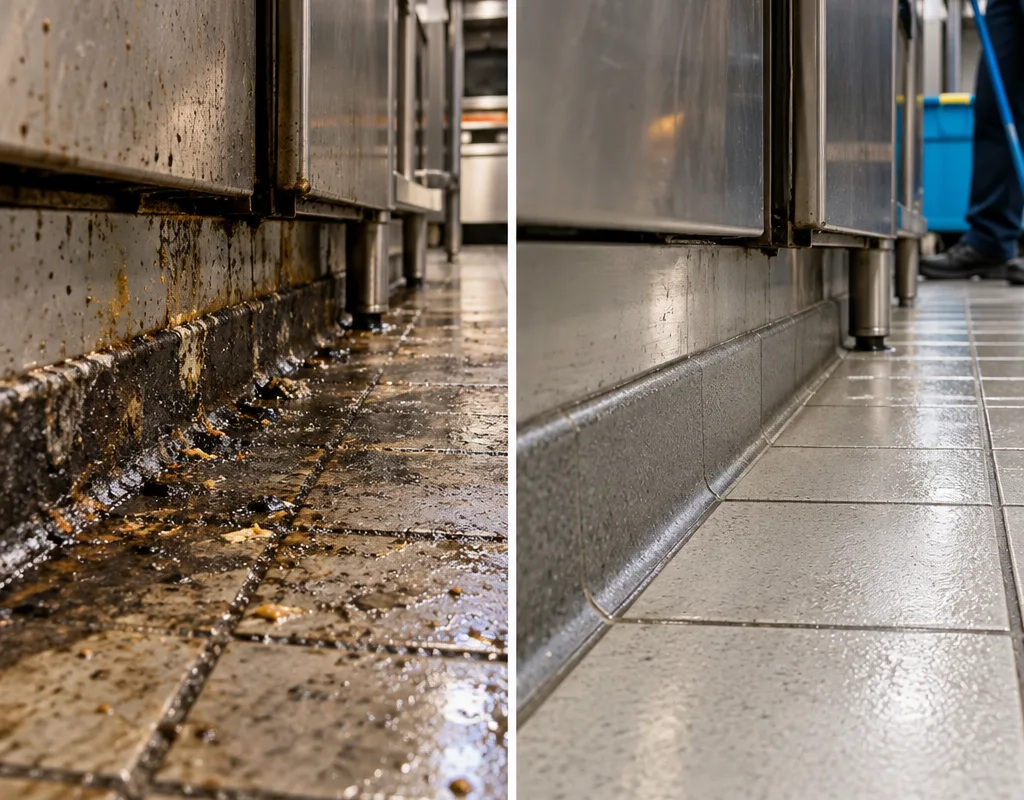 Cook-line floor edge before and after deep scrubbing along the cove base