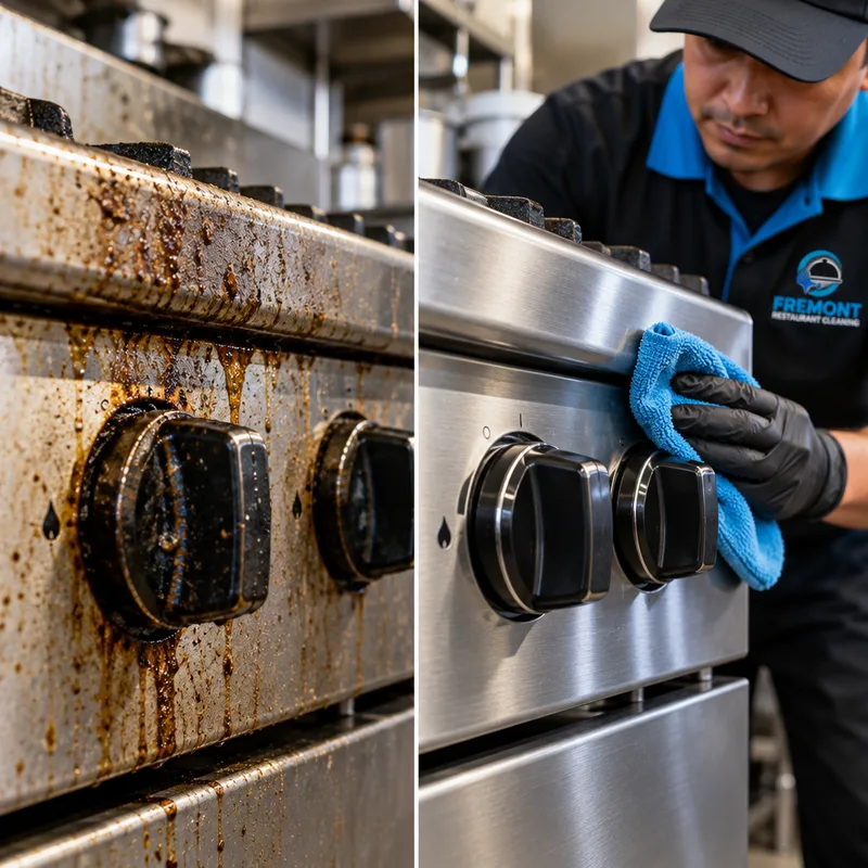 Detailed stainless equipment sides and control knobs after commercial degreasing