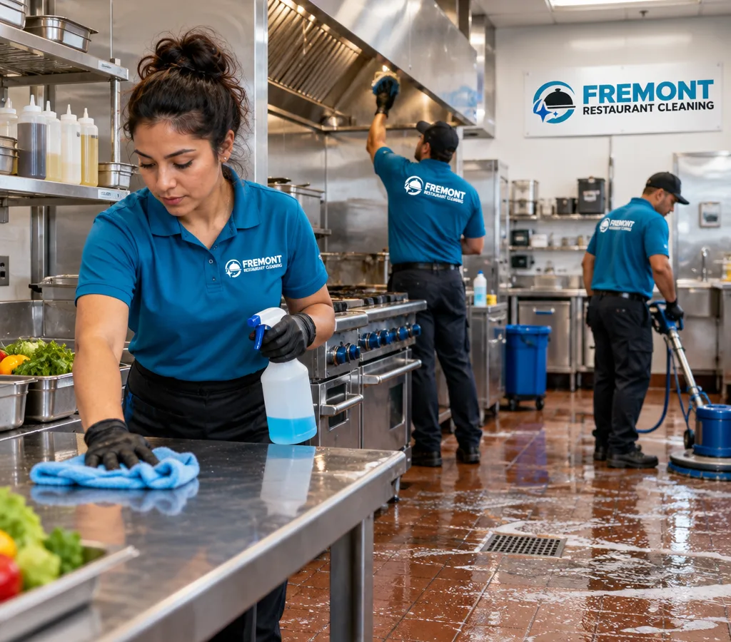 Commercial kitchen being deep-cleaned with stainless line, hood perimeter, floor scrubbing, and prep-surface detailing