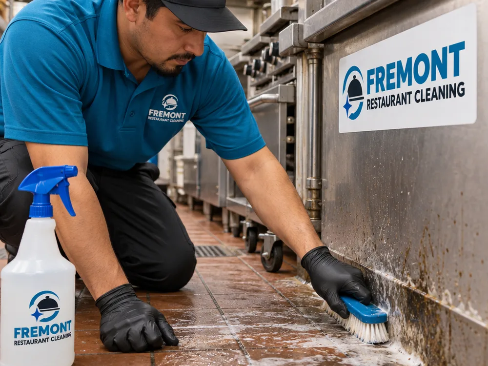 Cleaner hand-scrubbing greasy floor edges and cove base behind a commercial cook line
