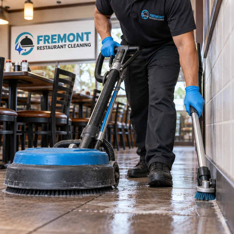 Technician using a floor scrubber and edge tool on a restaurant floor near corners and baseboards