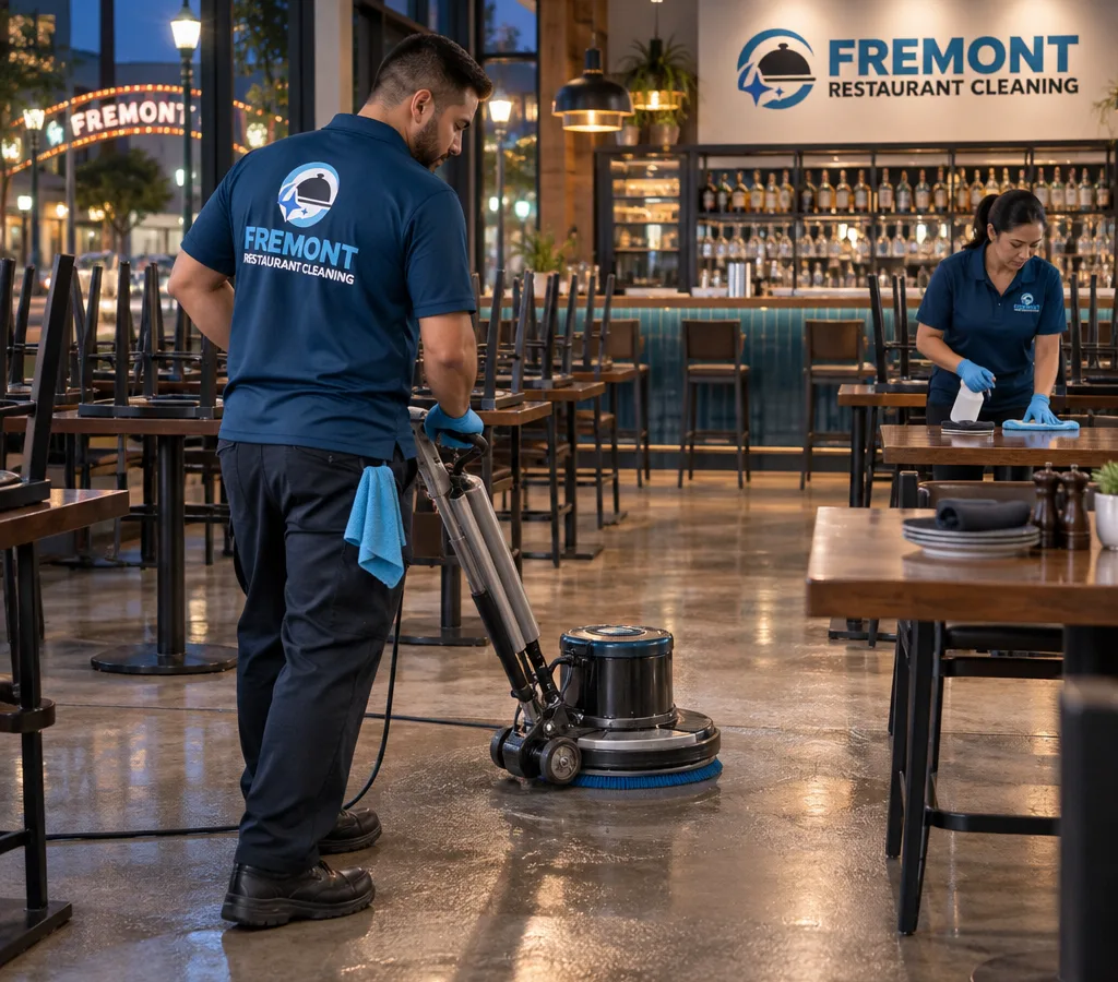 After-hours professional cleaning in a Fremont restaurant dining room with staged tables, detailed floors, and a bar in the background