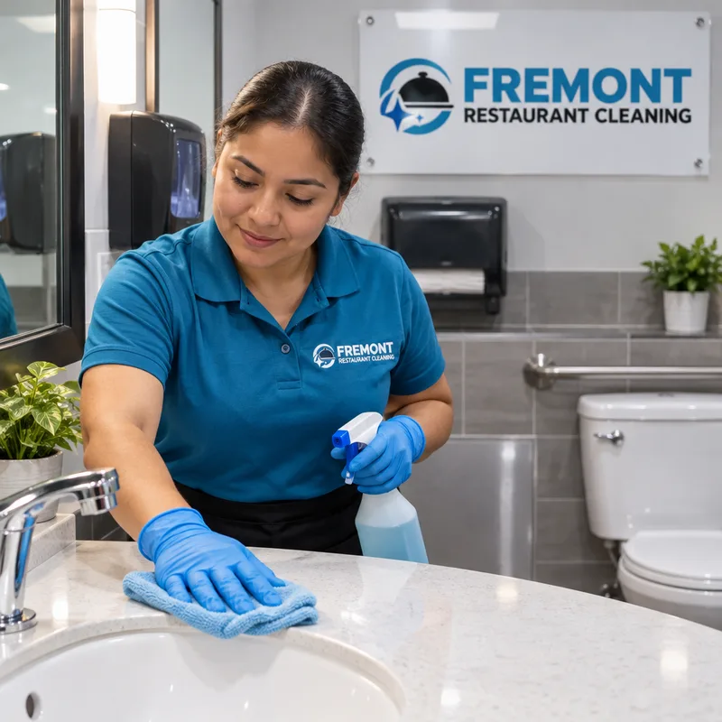 Sanitized restaurant restroom with a clean toilet base, sparkling sink, stocked dispensers, and streak-free mirror