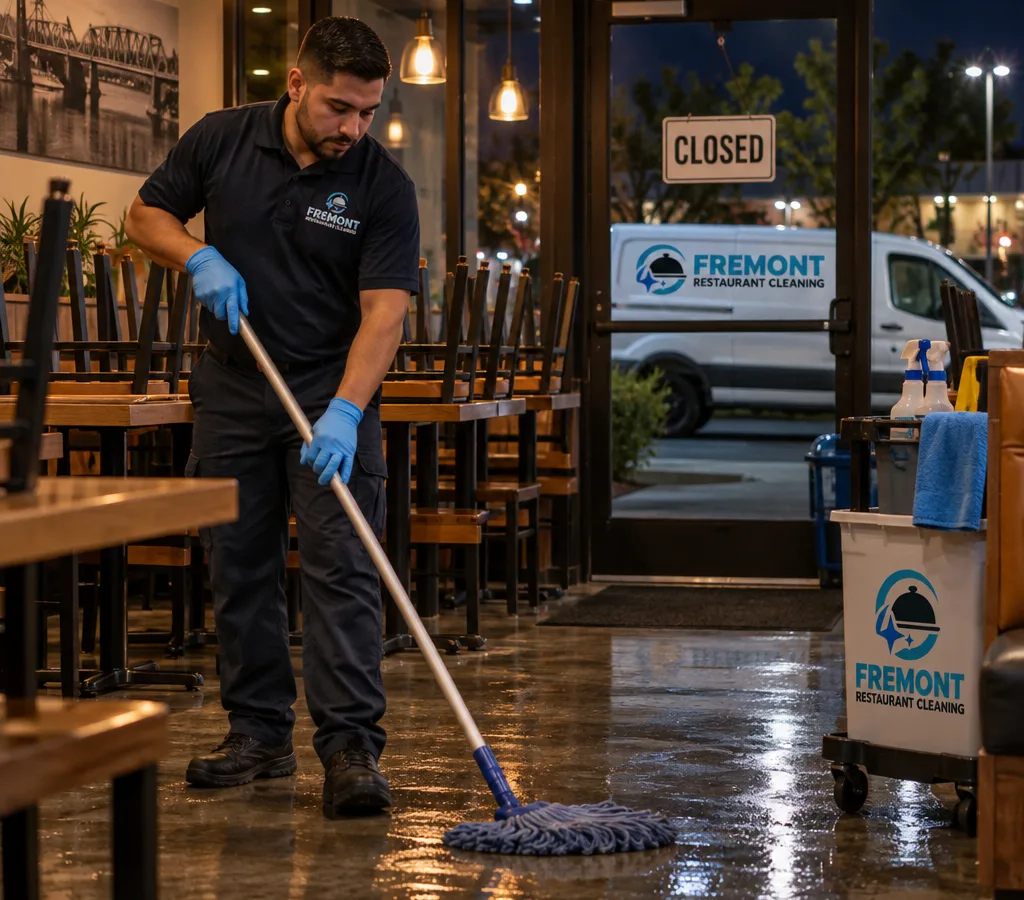 Night-time cleaning crew member mopping a restaurant dining floor with chairs up, warm overhead lights, and a closed sign visible