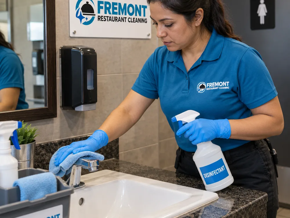 Cleaner wearing gloves applying disinfectant to a restaurant restroom sink and faucet with labeled bottles and microfiber cloths