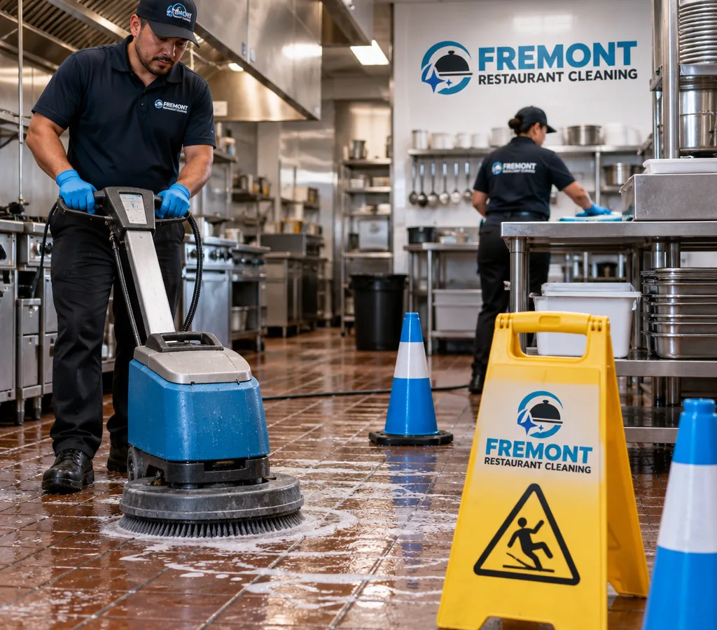 A working commercial kitchen in Fremont with tile flooring being mechanically scrubbed while safety cones and wet floor signage are placed nearby