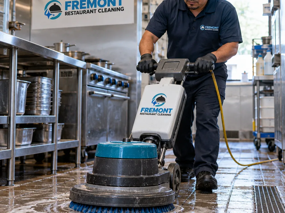 Close-up of a floor scrubber working over restaurant kitchen tile and recovering emulsified soil from visible grout lines