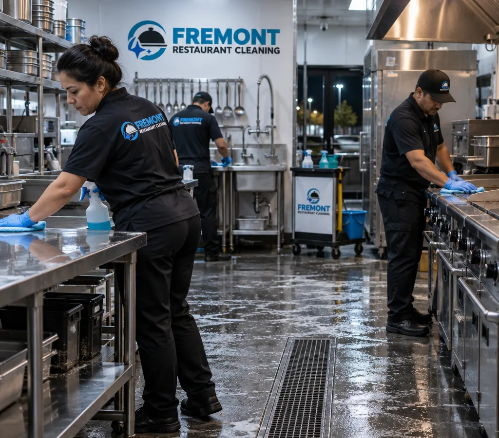 Evening commercial cleaning crew sanitizing stainless prep tables and line equipment in a restaurant kitchen