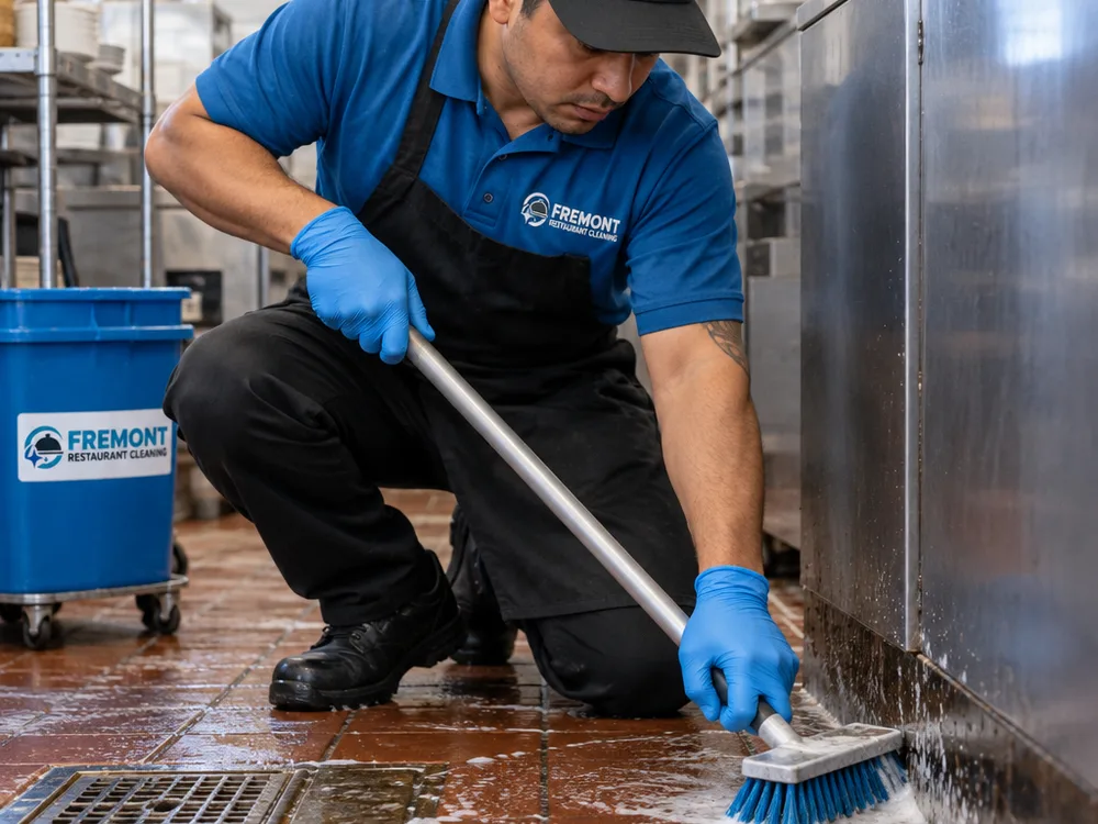 Cleaner hand-scrubbing a commercial kitchen floor edge near a floor drain
