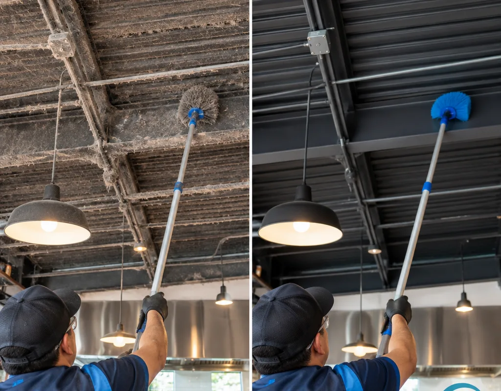 Before-and-after comparison of dusty restaurant ceiling rafters and conduit after professional high dusting