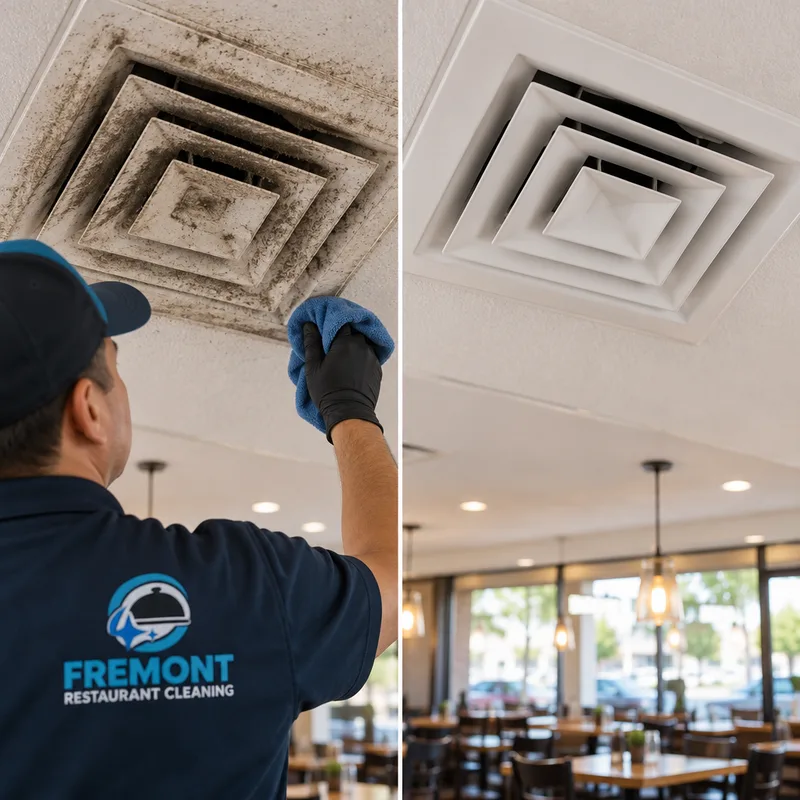 Clean supply diffuser and surrounding restaurant ceiling after dark dust rings and residue were removed