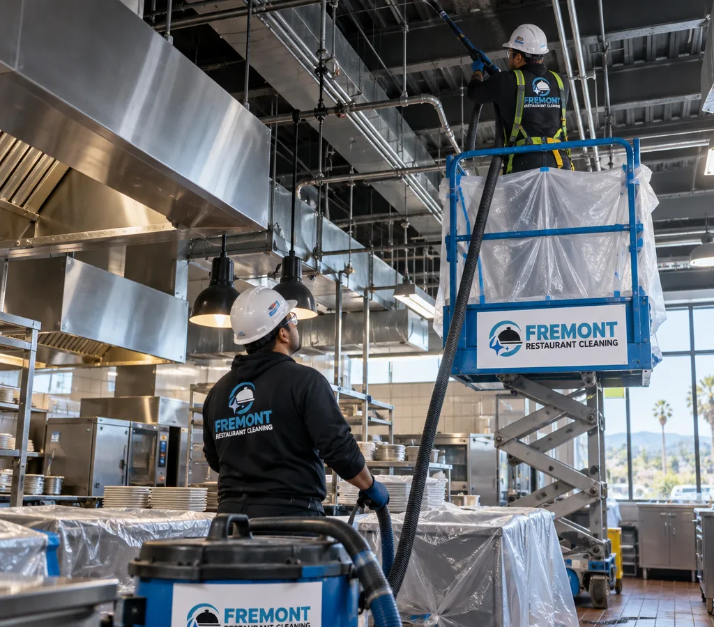 Technicians high dusting a commercial restaurant kitchen with an open ceiling using a lift and containment around prep surfaces