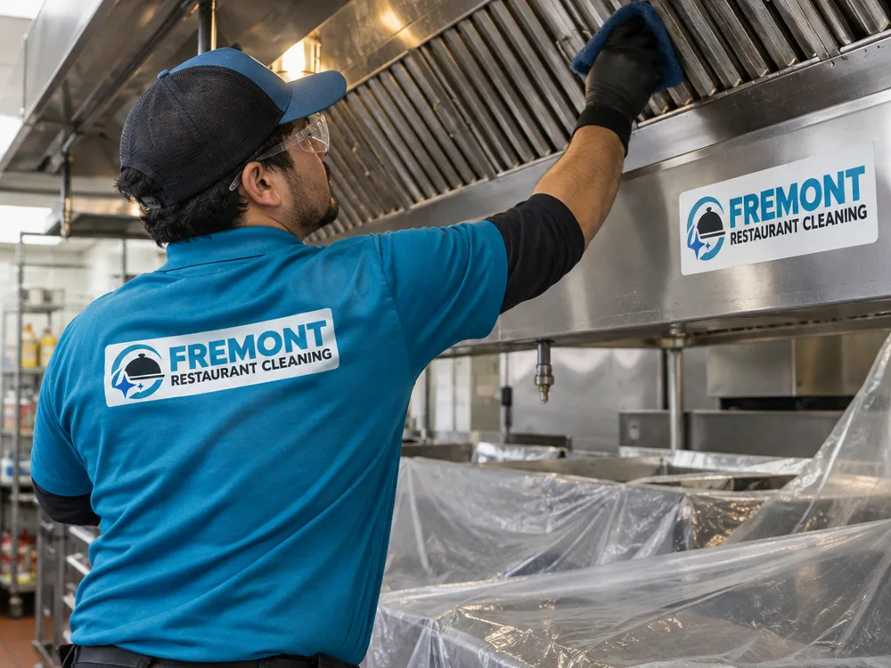 Technician cleaning overhead HVAC vent covers and exterior ductwork above a protected commercial cook line