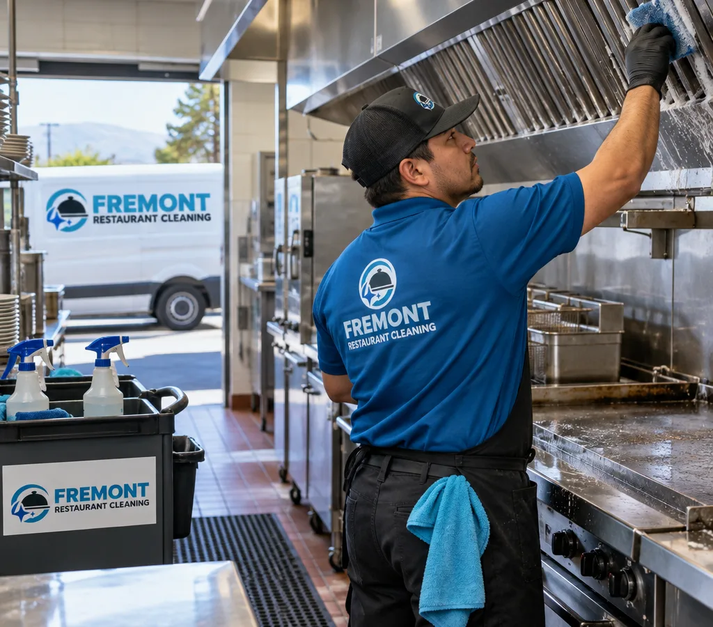 Technician cleaning commercial kitchen equipment in an Oakland restaurant kitchen with stainless equipment and a safe contained setup