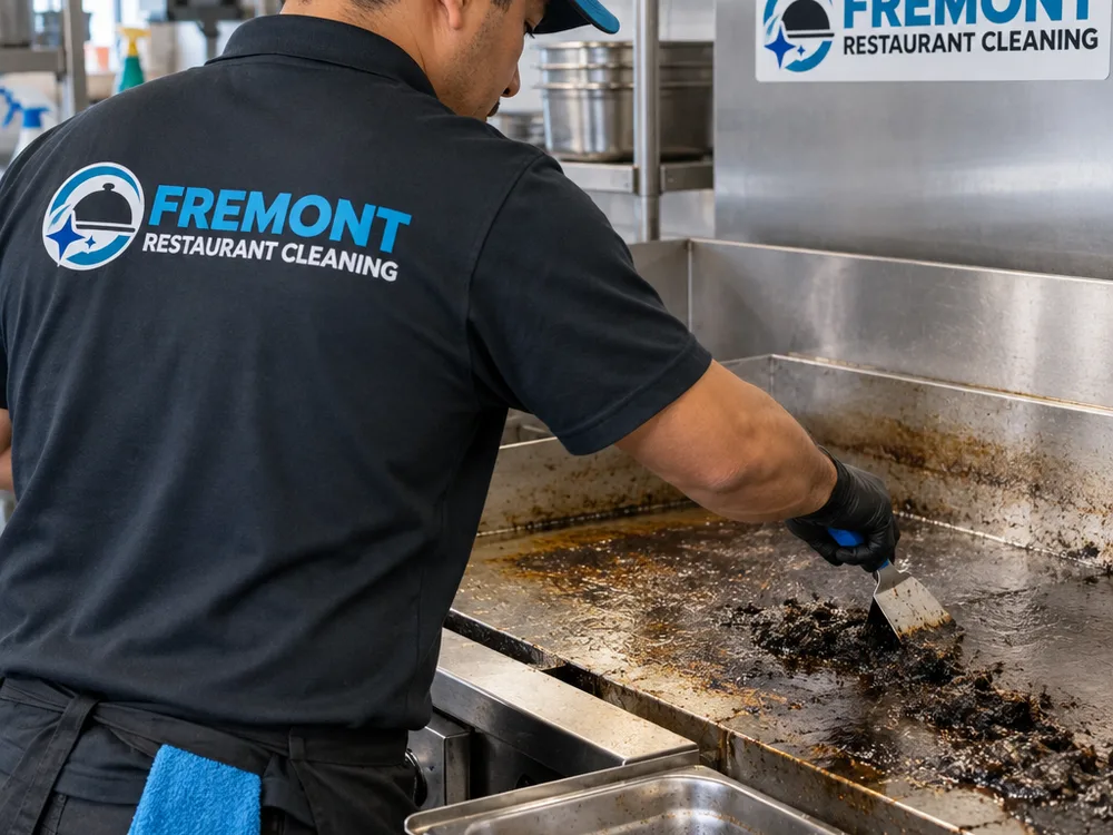 Close-up of controlled carbon removal from a commercial griddle or charbroiler with debris contained on stainless surfaces