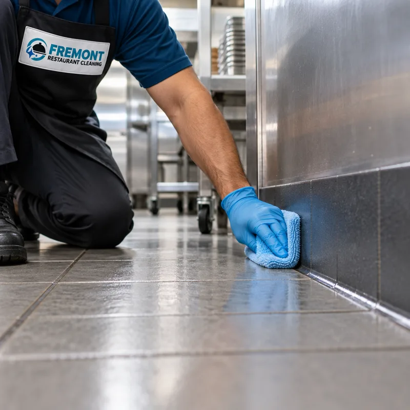 Clean commercial kitchen floor edge and baseboard after degreasing with no buildup along the wall line