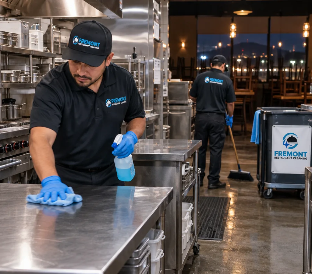 After-hours technician detailing stainless prep tables and cleaning behind equipment in a commercial restaurant kitchen