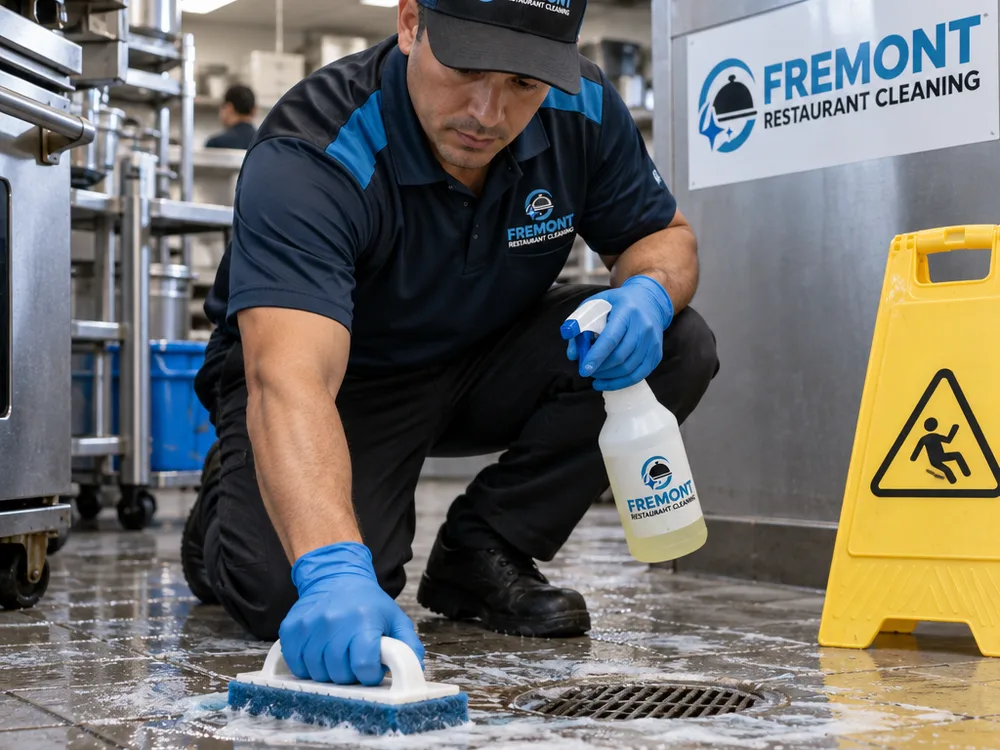 Technician using food-safe degreaser and a scrub pad near a commercial kitchen floor drain with PPE and wet floor signage
