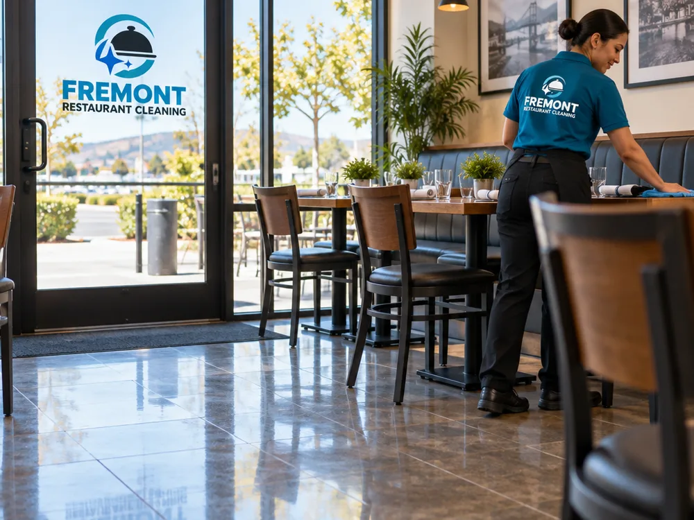 Restaurant dining area at opening time with clean floors, neatly set chairs, and spot-free entry glass