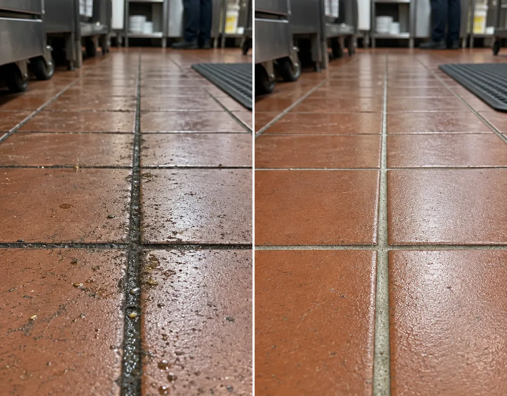 Before and after comparison of restaurant tile floor grout after scrubbing