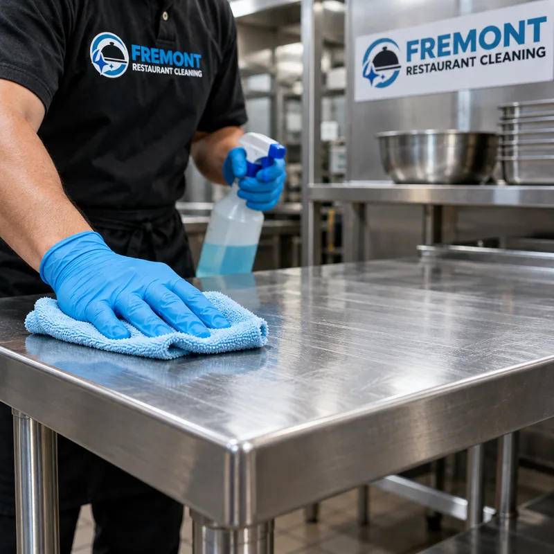 Sanitized stainless prep table with clean seams and corners in a commercial kitchen