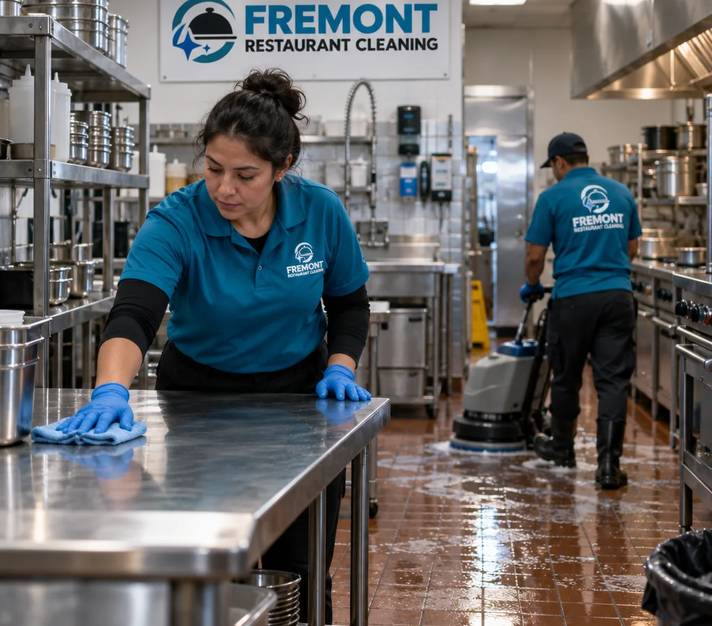 Cleaner wiping stainless prep tables while commercial kitchen floors are scrubbed after hours