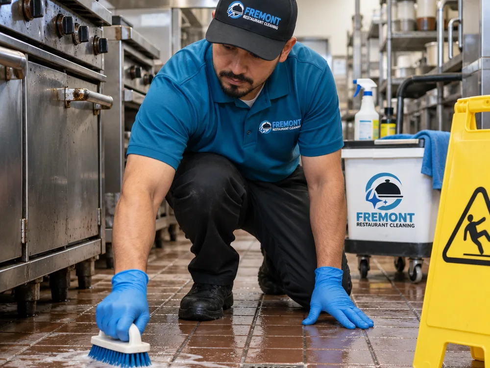 Cleaner scrubbing commercial kitchen tile and grout near the cooking line with food-safe supplies and wet floor signage