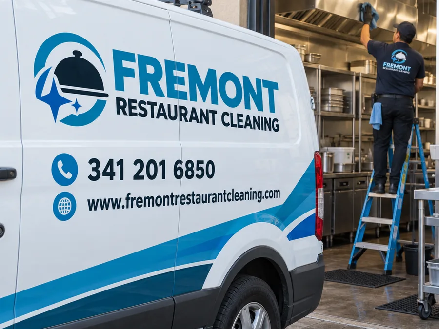 Crew member cleaning high shelving and overhead ductwork from a ladder in a protected commercial kitchen zone
