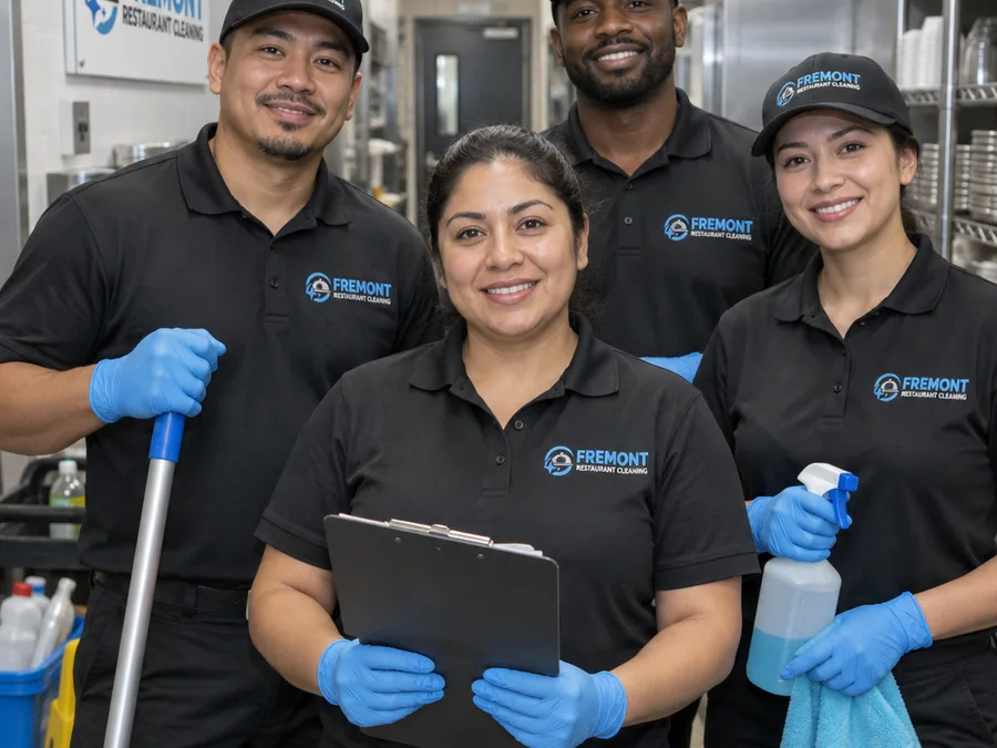 Uniformed restaurant cleaning crew with a clipboard and PPE in a clean Fremont back-of-house corridor