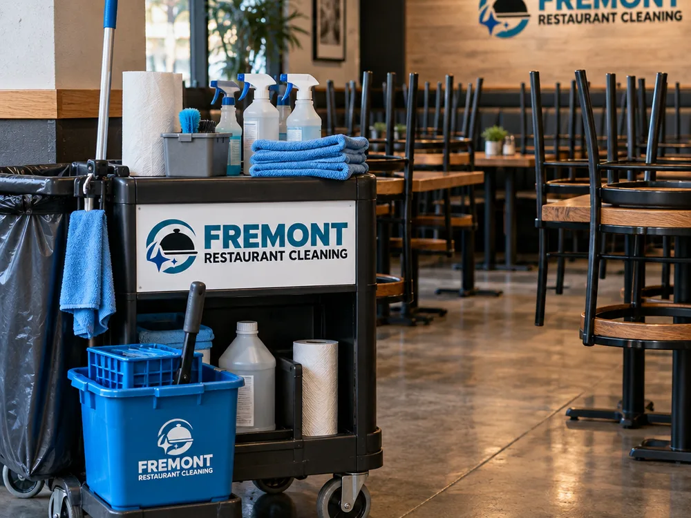 Janitorial cart and labeled supplies beside a closed restaurant dining area prepared for post-close cleaning